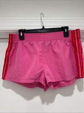 Edikted Bright Pink Athletic Shorts with Red Side Stripes